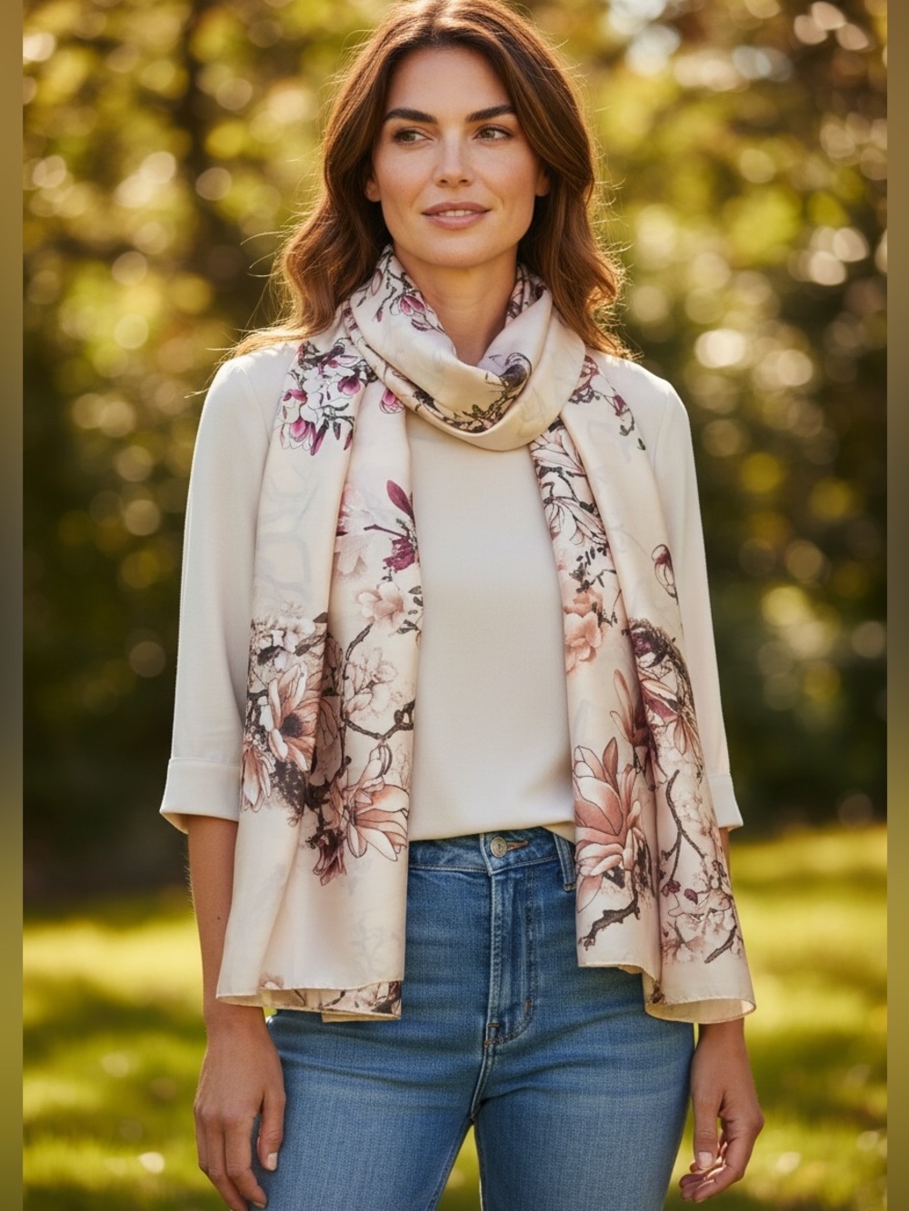 Cream Charmeuse Silk Pink Floral Long Wrap Scarf